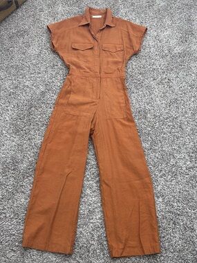 Mango Textured 100% Cotton Summer Jumpsuit Copper Rust Womens Medium